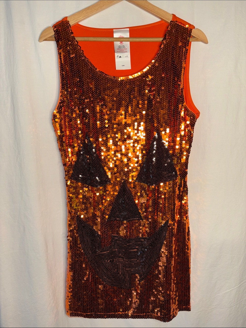 Halloween orange sequin jack o lantern mini stretch dress costume M